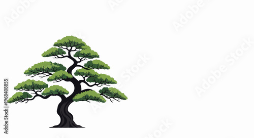 Stylized bonsai tree illustration, vibrant green foliage, dark gnarled trunk. Bonsai tree design cultivates aesthetic appeal for nature themes. Elegant bonsai tree graphic symbolizes tranquility,