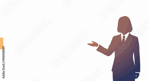 Gradient business woman profile silhouette on white background, hand gesturing openly. Professional business woman profile represents corporate leadership, communication, formal attire.