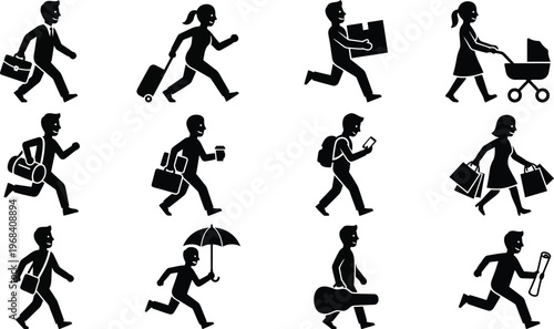 Vector illustration of people walking and running with various objects