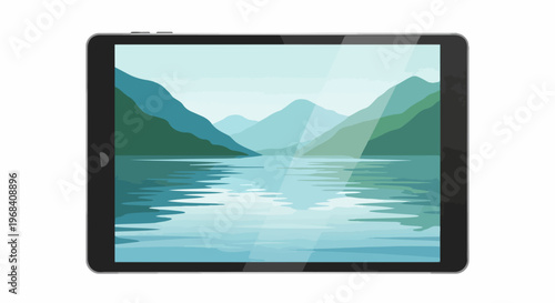 Black tablet landscape scene, modern portable device showing serene mountain reflections on water. Tablet displays tranquil digital artwork, calm natural environment.