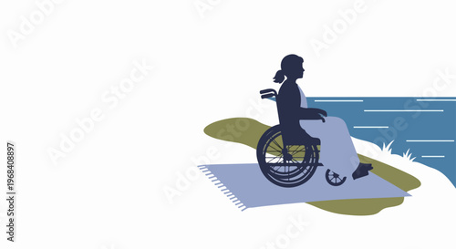 Wheelchair user enjoying serene nature view on picnic blanket by calm water. Wheelchair user finds tranquility in peaceful outdoor setting, embracing freedom and accessibility.