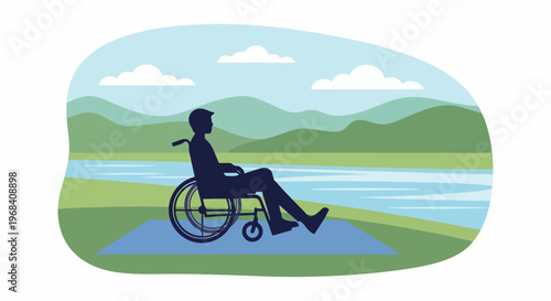 Person in wheelchair enjoys serene outdoor landscape, tranquil lake view with green mountains. Person in wheelchair finds peace by water, embracing nature accessibility.