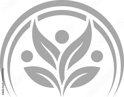 Grey logo featuring a stylized plant with leaves and two circles, symbolizing growth and harmony in a simple, modern vector graphic design.