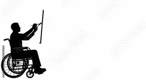 Silhouette of wheelchair artist, person in wheelchair painting on canvas with brush, showing creative talent. Wheelchair artist brings vision to life, demonstrating artistic expression.