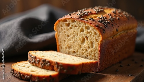 Artisan rye bread with caraway seeds. Sliced loaf shows porous texture and golden crust. Fresh baked goodness for healthy meals. Natural grain ingredient.