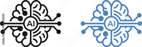 AI logo design featuring brain with circuit lines and dots on white and black backgrounds for versatile use in digital and print media applications