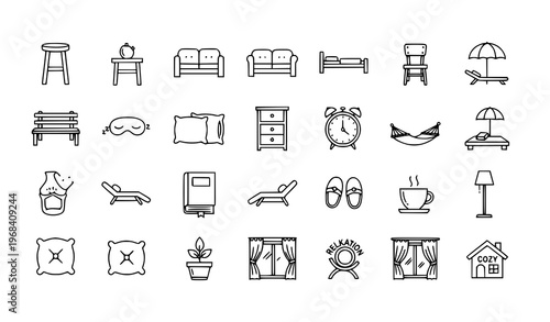 Circular rest and relaxation outline icons set with furniture and cozy lifestyle elements vector illustration