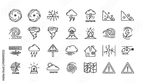 Hurricane and natural disaster outline icons set with weather hazards and emergency symbols grid vector illustration