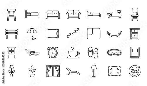 Modern rest icons collection with furniture sleep and relaxation symbols minimal scattered vector illustration