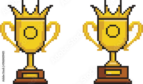 Pixel art golden trophy set with crown handles representing victory achievement and gaming rewards perfect for retro game design