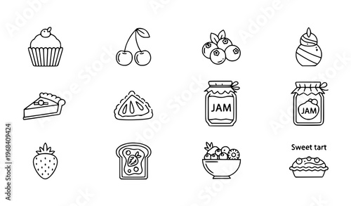Modern jam dessert icons collection with berries cupcake and sweet food symbols scattered minimal vector illustration