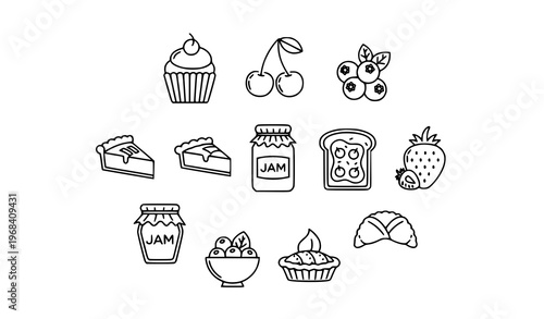 Circular jam and dessert outline icons set with cupcake berries pie and sweet food elements vector illustration