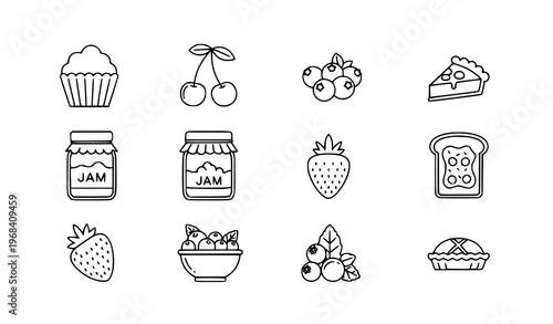 Jam and dessert outline icons set with cupcake berries pie and sweet food symbols in clean grid vector illustration