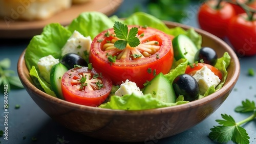A vibrant, refreshing salad featuring ripe tomatoes, crisp cucumbers, salty feta cheese, and briny olives, all nestled in a bed of fresh lettuce, served in a rustic wooden bowl.