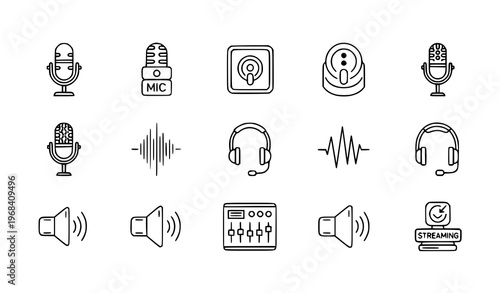 Modern microphone icons collection with podcast recording and audio streaming symbols scattered minimal vector illustration