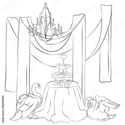 Hand-drawn wedding composition made of champagne tower, round banquet table, swans, backdrop drapery, for card or invitation