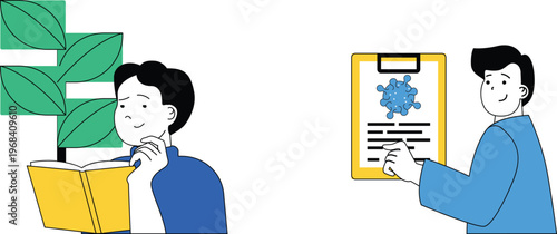 Two individuals engaged in studying and discussing health-related information with a virus on clipboard