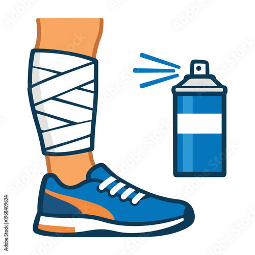 Injured leg wrapped in a bandage with a running shoe, using a medical spray for pain relief and first aid after a sport injury