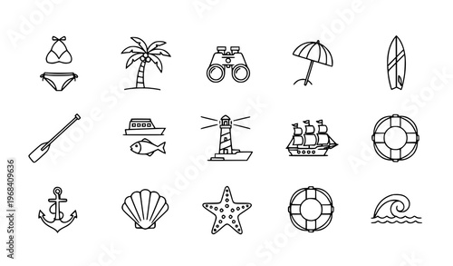 Sea and beach outline icons set with surfboard boat lighthouse and summer travel elements in clean grid vector illustration