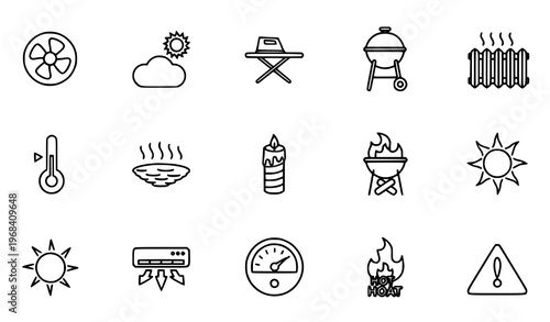 Heat and temperature outline icons set with fan radiator thermometer sun and hot equipment symbols clean grid vector illustration