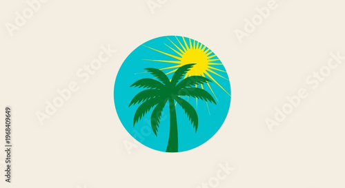 Palm tree in sunny circle icon.