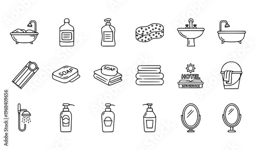 Modern bath spa icons collection with shower bathtub towel and hygiene symbols scattered minimal vector illustration