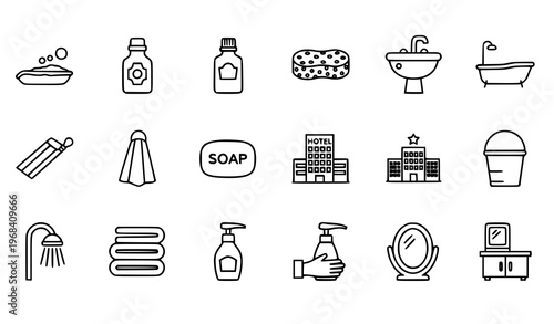 Bath outline icons set with bathtub shower towel soap and bathroom hygiene elements clean grid vector illustration