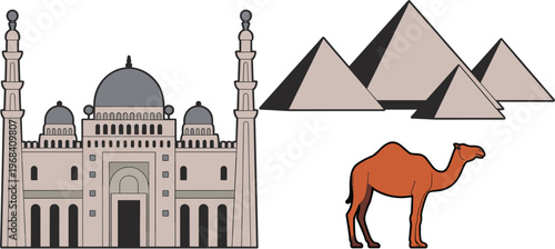 Egypt landmarks illustration featuring mosque pyramids and camel representing desert culture travel heritage and iconic architecture design elements