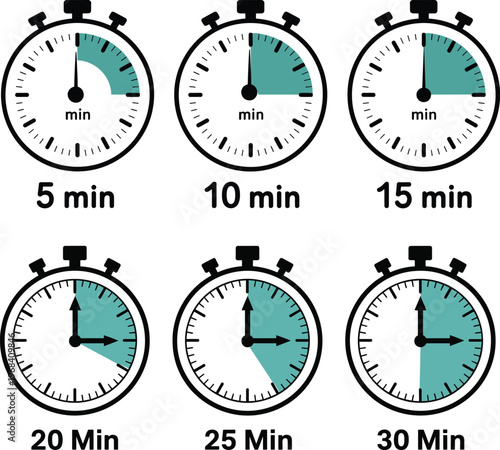 Stopwatch timer set showing different minute intervals perfect for time management productivity tracking and scheduling design illustration elements