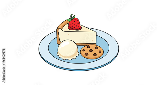 Delectable dessert assortment featuring a slice of cheesecake with strawberry topping, a scoop of ice cream, and a chocolate chip cookie presented