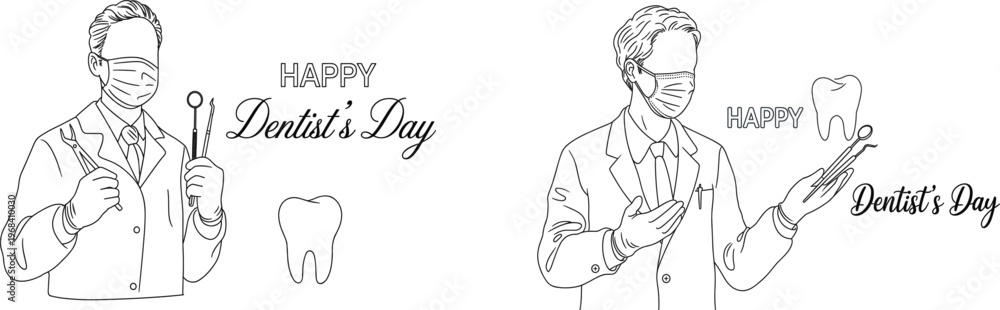 Fototapeta premium Happy Dentist’s Day illustration with professional dentist holding tools and tooth symbol perfect for healthcare celebration and medical awareness design