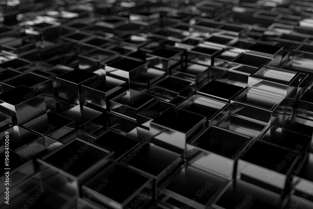 Fototapeta premium Dark reflective glass cube grid background for futuristic technology banner and abstract pattern design.3d render