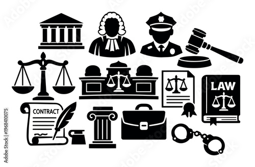 Legal system objects including court building, judge, police officer, scales of justice, gavel, courthouse, contract, and handcuffs