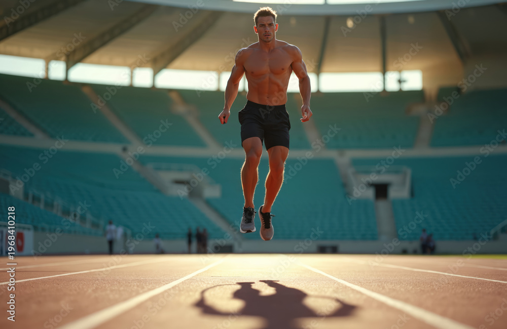 Obraz premium Fit shirtless man jumps rope on empty stadium track at sunset. Athletic male trains cardio workout, builds strength and endurance. He is active and energetic.