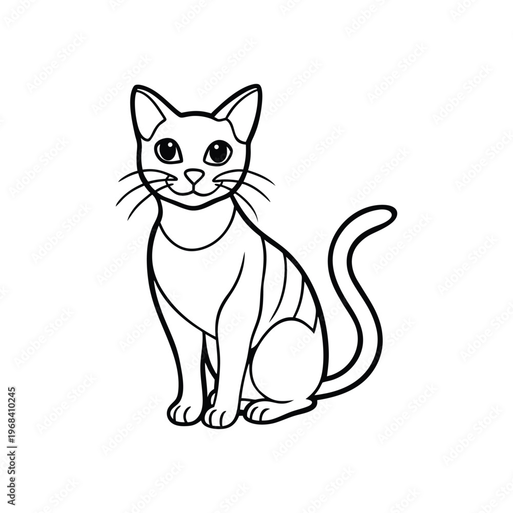 Fototapeta premium Single minimalist cat line drawing with striped details and curious facial gaze.