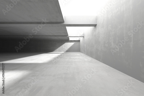 Spacious concrete interior hall with open skylights and soft natural light for architectural background and interior design .3d render