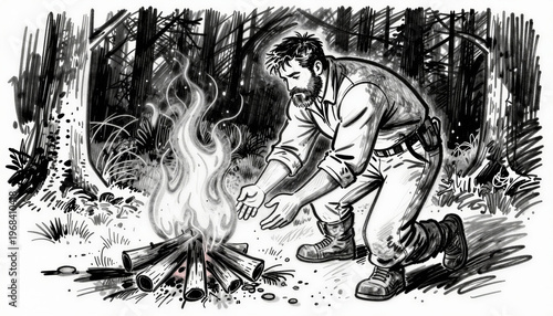 Man warming hands by a campfire in the woods, doodle style illustration
