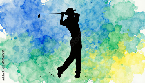 Golfer silhouette swinging on a vibrant watercolor background