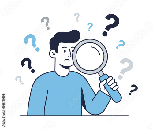 Man holding a magnifying glass, searching for answers amidst floating question marks. Concept of research, inquiry, and doubt exploration