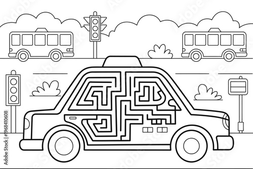 Vector of a taxi with a maze inside on a busy street