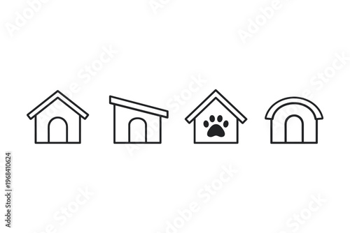 Collection of simple line art dog house icons with varied roof designs