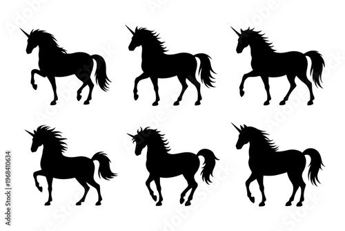 Silhouettes of six black unicorns in a dynamic vector style design