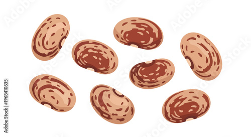 Scattered pinto beans with distinctive brown markings against a clean white background, perfect for culinary design