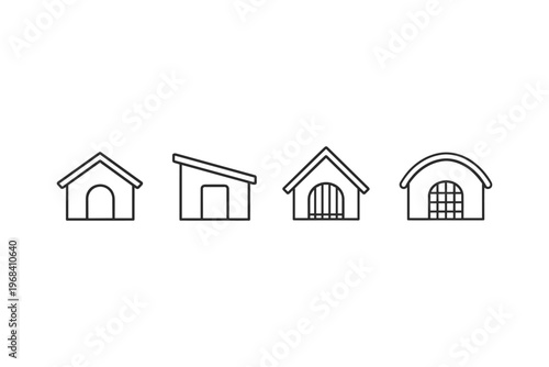 Collection of simple line art dog house icons with varied designs