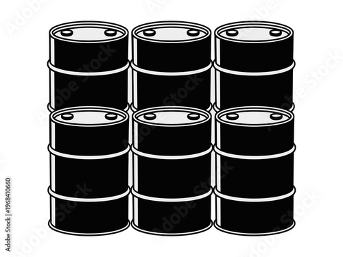 Stacked black oil barrels in rows in a vector