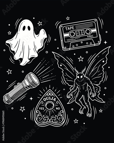 Spooky Paranormal Illustration Set with Ghost and Cryptid