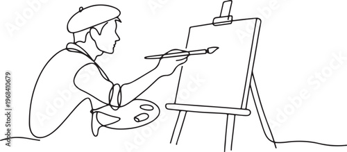 Painter artist creating artwork line art drawing creative profession minimal black linear sketch isolated on white background