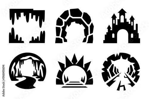 Vector of six distinct silhouettes of various structures and landscapes