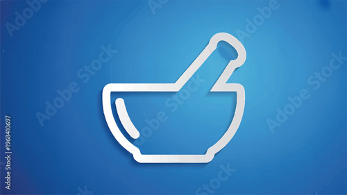 White mortar and pestle icon on blue gradient background