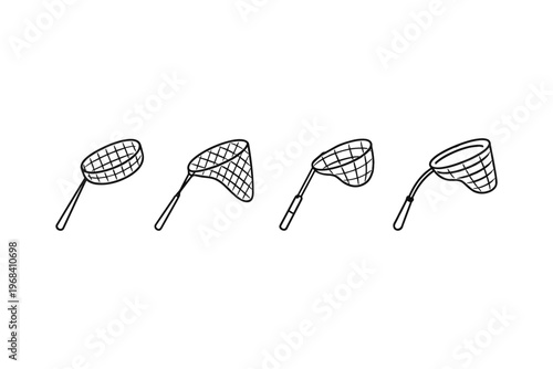 Collection of four different butterfly nets with handles and mesh netting